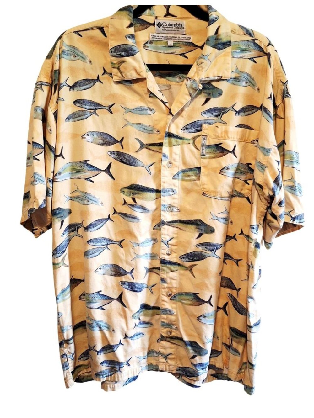 Columbia Mens Fish Print Rayon Cotton Short Sleeve Button-Up Shirt Size L